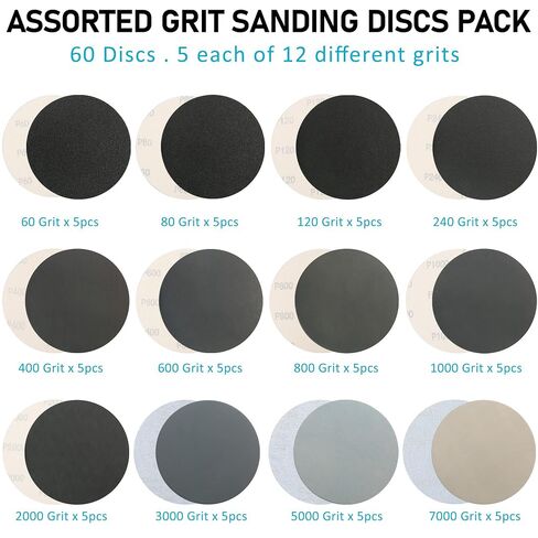 LotFancy 6 Inch Sanding Disc, 60PCS, 60 to 7000 Grit, Silicon Carbide | Wet Dry Orbital Sander Sandpaper, Coarse Sanding to Extra Fine Polishing, for Automotive Metal Wood Finishing, Hook and Loop in Kuwait