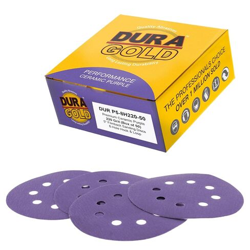 Dura-Gold Premium 40 Grit 5" Purple Film Ceramic Sanding Discs, 8-Hole Pattern, Box of 25 - Dustless Hook & Loop Backing Sandpaper for DA & Random Orbital Sanders - Sand Auto Paint, Wood, Woodworking in Kuwait