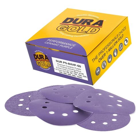Dura-Gold Premium 80 Grit 5" Purple Film Ceramic Sanding Discs, 8-Hole Pattern, Box of 50 - Dustless Hook & Loop Backing Sandpaper for DA & Random Orbital Sanders - Sand Auto Paint, Wood, Woodworking in Kuwait