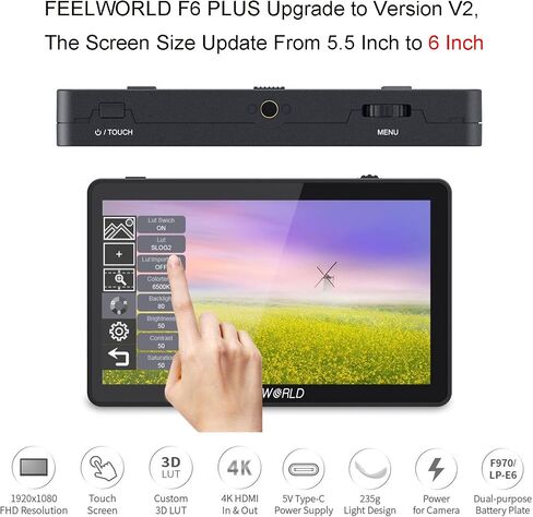 FEELWORLD F6 Plus V2 6 Inch 3D LUT DSLR Camera Field Monitor Touch Screen IPS FHD1920x1080 Support 4K HDMI Input Output Tilt Arm in Kuwait