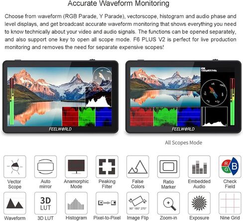 FEELWORLD F6 Plus V2 6 Inch 3D LUT DSLR Camera Field Monitor Touch Screen IPS FHD1920x1080 Support 4K HDMI Input Output Tilt Arm in Kuwait