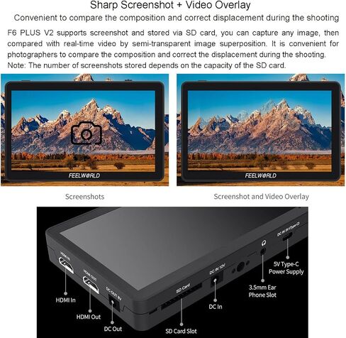 FEELWORLD F6 Plus V2 6 Inch 3D LUT DSLR Camera Field Monitor Touch Screen IPS FHD1920x1080 Support 4K HDMI Input Output Tilt Arm in Kuwait