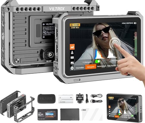 VILTROX DC-X2 Cage 6" SDI Camera Field Monitors 2000nits Super Bright Daylight Viewable External Monitor for 4k HDMI DSLR Touchscreen Monitor for Sony Canon Nikon with Sunshield 2200 MAh Battery in Saudi Arabia