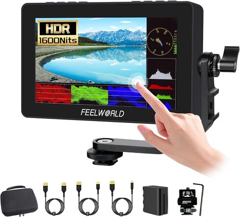 FEELWORLD F5 Prox 5.5 Inch Touch Screen Field Monitor +HDMI Cable Bundle, 1600nit, 4K HDMI, Full HD IPS, for DSLR Camera, with F970 Install and Power Kit in Kuwait