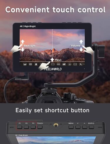FEELWORLD F5 Prox 5.5 Inch Touch Screen Field Monitor +HDMI Cable Bundle, 1600nit, 4K HDMI, Full HD IPS, for DSLR Camera, with F970 Install and Power Kit in Kuwait