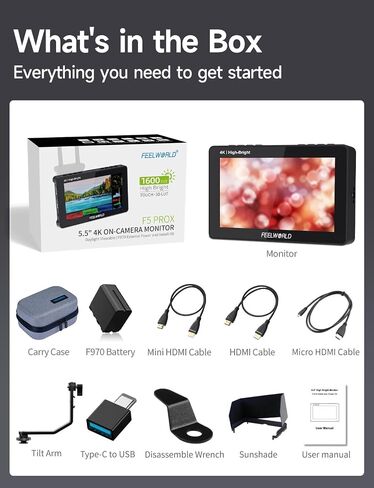 FEELWORLD F5 Prox 5.5 Inch Touch Screen Field Monitor +HDMI Cable Bundle, 1600nit, 4K HDMI, Full HD IPS, for DSLR Camera, with F970 Install and Power Kit in Kuwait