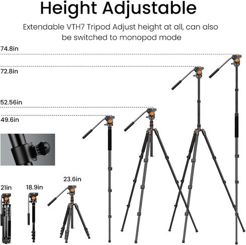 Camera Tripod Stand, 72" Video Tripod with Fluid Head, Heavy Duty Alunimum Professional, 1/4" & 3/8" Screw QR Plate Compatible with Canon Nikon Sony DSLR Camera Camcorder, Max Load 13.2lb in Kuwait