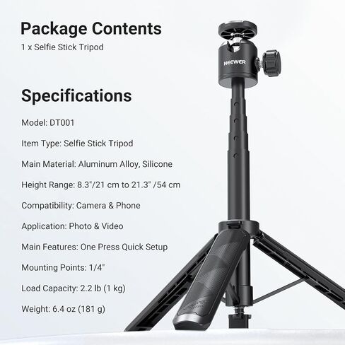 NEEWER Basics Extendable Selfie Stick Tripod, Metal Portable Stand Handle Grip Compatible with Canon G7X Mark III Sony ZV-1 RX100 VII A6400 A6600 Nikon Camera Webcam for Vlogging, DT001 in Kuwait