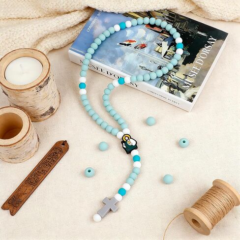 Baby Rosary Baptism Gift, Silicone God Bless Kids First Rosary Catholic Cross Necklace 1st Year Baptism Party Supply for Baby Shower Christian Communion Gifts, Lake Blue in Kuwait