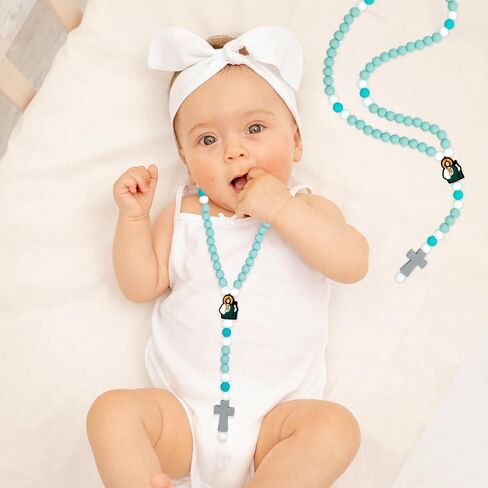 Baby Rosary Baptism Gift, Silicone God Bless Kids First Rosary Catholic Cross Necklace 1st Year Baptism Party Supply for Baby Shower Christian Communion Gifts, Lake Blue in Kuwait