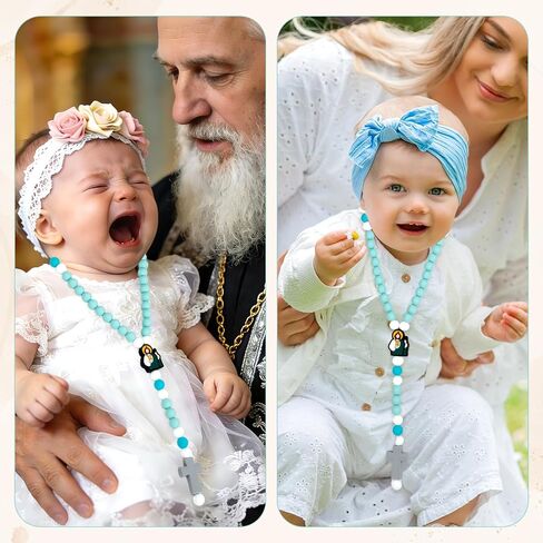 Baby Rosary Baptism Gift, Silicone God Bless Kids First Rosary Catholic Cross Necklace 1st Year Baptism Party Supply for Baby Shower Christian Communion Gifts, Lake Blue in Kuwait