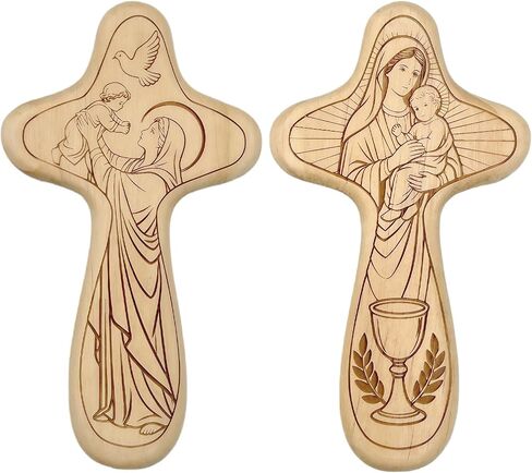 2Pcs Wooden Hand Held Comfort Pocket Prayer Cross, 4.1" Double-sided Carved Virgin Mary Baby Jesus Mini Holding Crucifix for First Holy Communion Christening and Dedication Baptismal Gifts in Kuwait