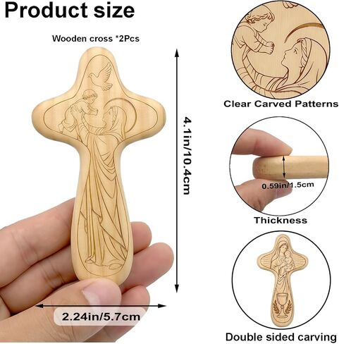 2Pcs Wooden Hand Held Comfort Pocket Prayer Cross, 4.1" Double-sided Carved Virgin Mary Baby Jesus Mini Holding Crucifix for First Holy Communion Christening and Dedication Baptismal Gifts in Kuwait