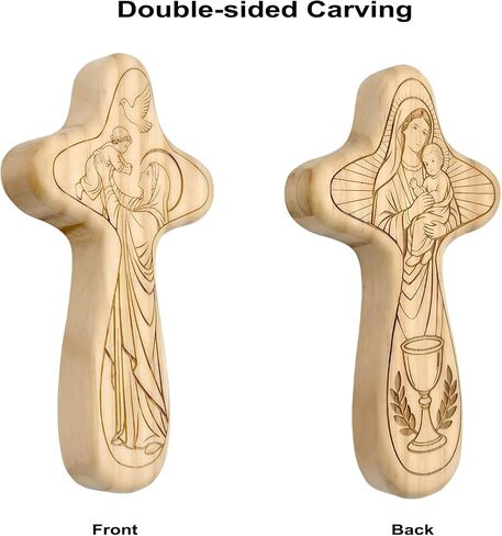2Pcs Wooden Hand Held Comfort Pocket Prayer Cross, 4.1" Double-sided Carved Virgin Mary Baby Jesus Mini Holding Crucifix for First Holy Communion Christening and Dedication Baptismal Gifts in Kuwait