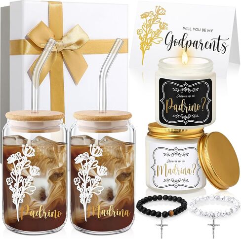 9 Pcs Godparents Proposal Gift Set Will You Be My Godmother Godfather Glass Cup Scented Candle Cross Bracelet Cards Box from Godchild Baptism Padrino Madrina Uncle Aunt Gifts in Kuwait
