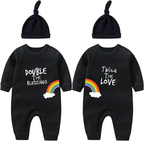 YSCULBUTOL 2-Pack Baby Twins Bodysuits Double The Blessings Rainbow Infant Clothes Unisex Twin Romper With Hat in Kuwait