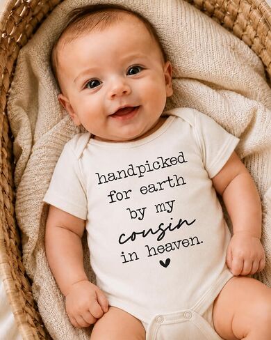 Handpicked For Earth By My Cousin In Heaven Bodysuit (0-3 Months, Natural) | Pregnancy Announcement Outfit, Memorial Newborn Clothes, Cousin Remembrance Gift, Guardian Angel Photo Prop in Kuwait