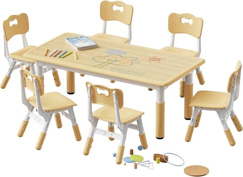 Brelley Height Adjustable Toddler Table and 6 Chairs Set, Beige | Table Supports 300 lbs, Non-Toxic HDPE, Graffiti Desktop, Classroom/Daycare/Home, Children Multi-Activity Table for Ages 3-8 in Kuwait