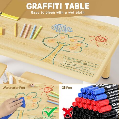 Brelley Height Adjustable Toddler Table and 6 Chairs Set, Beige | Table Supports 300 lbs, Non-Toxic HDPE, Graffiti Desktop, Classroom/Daycare/Home, Children Multi-Activity Table for Ages 3-8 in Kuwait