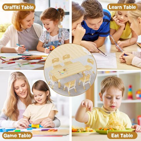 Brelley Height Adjustable Toddler Table and 6 Chairs Set, Beige | Table Supports 300 lbs, Non-Toxic HDPE, Graffiti Desktop, Classroom/Daycare/Home, Children Multi-Activity Table for Ages 3-8 in Kuwait