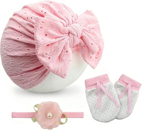 3PCS Baby Bow Turban Hats, Mittens & Flower Headband Set, Ultra-Soft Breathable, No-Scratch Baby Mittens, Newborn Essentials in Kuwait