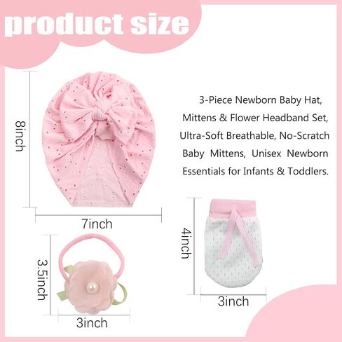 3PCS Baby Bow Turban Hats, Mittens & Flower Headband Set, Ultra-Soft Breathable, No-Scratch Baby Mittens, Newborn Essentials in Kuwait