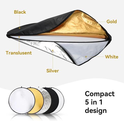 43"/110cm Photography Reflector with Stand & Clamp | 5-in-1 Multi Disc Translucent/Silver/Gold/White/Black Photography Reflector Collapsible Light Reflector for Studio Outdoor in Kuwait