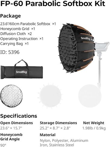 SmallRig FP-60 23.6" Parabolic Softbox with Bowens Mount for Studio Photography, Quick Release Soft Box with Honeycomb Grid, Diffusers, for SMALLRIG RC 220 pro, for Neewer for Godox for Aputure - 5396 in Kuwait