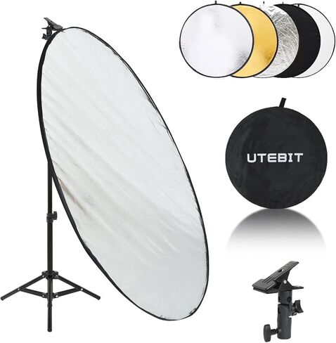 43"/110cm Photography Reflector with Stand & Clamp | 5-in-1 Multi Disc Translucent/Silver/Gold/White/Black Photography Reflector Collapsible Light Reflector for Studio Outdoor in Kuwait