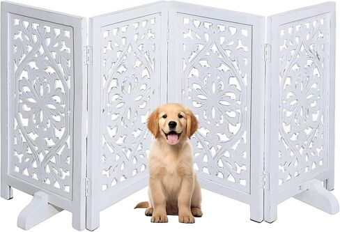 4 Panel Freestanding Dog Gate 56W x 28H Foldable Wooden Pet Gate Indoor | Hand-Carved Solid Wood & MDF, Portable Indoor gate for doorways, Halls, Stairs – Fully Assembled, Burnt Finish in Saudi Arabia