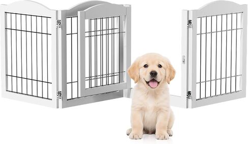 Bonnlo Freestanding Dog Gate, 24" H Pet Gate with 6 Panel Walk Through Door, Foldable Dog Safety Fence for Stairs Doorways Fireplace Up to 146'' Wide (White, 24" H-6 Panels with Door) in Kuwait
