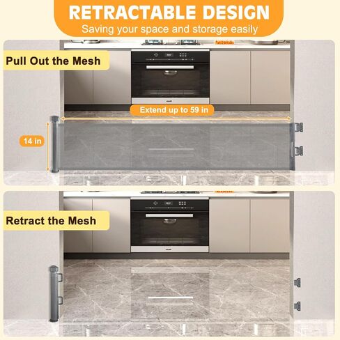 Short Dog Gate,14" Tall Retractable Baby Gate to Step Over, Puppy Mesh Pet Gates Doggy for Doorways Stairs, Extends up to 59" Wide for Kitchen Hallways Indoor,- NOT for Jumpers - Drilling Required in Saudi Arabia