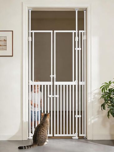 74.8"-90.5" Tall Cat Gate, 33.8"-38.2" Width Pet Gate with Auto-Close Double Door and Clear View Panel, No Drilling Pressure Mount for Doorway Indoor Stairs Hallway in Kuwait