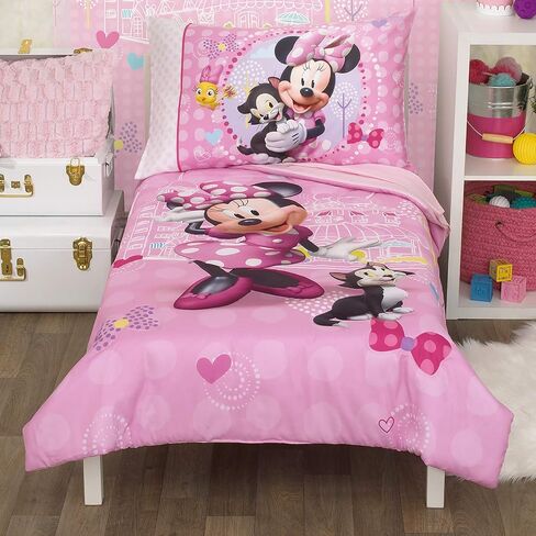 Disney Minnie Mouse Helping Friends 4 Piece Toddler Bedding set - Fitted Sheet, Pillow Case, Top Sheet, and Comforter Quilt - Pink in Kuwait
