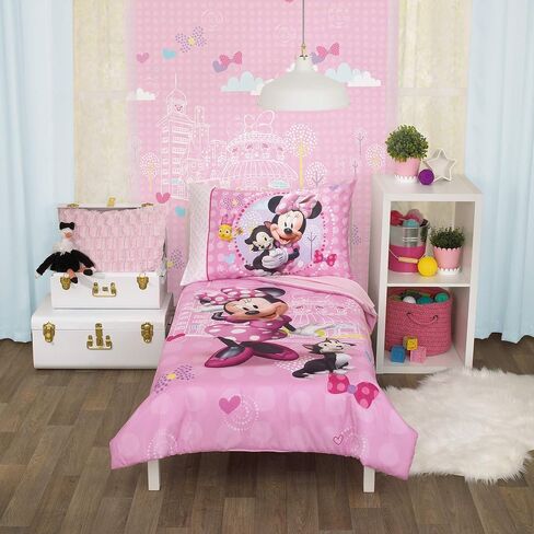 Disney Minnie Mouse Helping Friends 4 Piece Toddler Bedding set - Fitted Sheet, Pillow Case, Top Sheet, and Comforter Quilt - Pink in Kuwait
