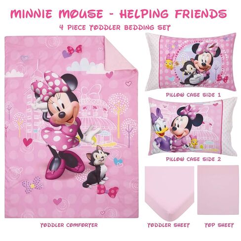 Disney Minnie Mouse Helping Friends 4 Piece Toddler Bedding set - Fitted Sheet, Pillow Case, Top Sheet, and Comforter Quilt - Pink in Kuwait