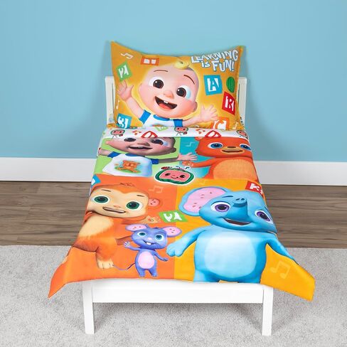 CoComelon Learning is Fun 4 Piece Toddler Bedding Set – Includes Comforter, Sheet Set – Fitted + Top Sheet + Reversible Pillowcase for Boys and Girls Bed, Letters and Music Design, Orange in Kuwait