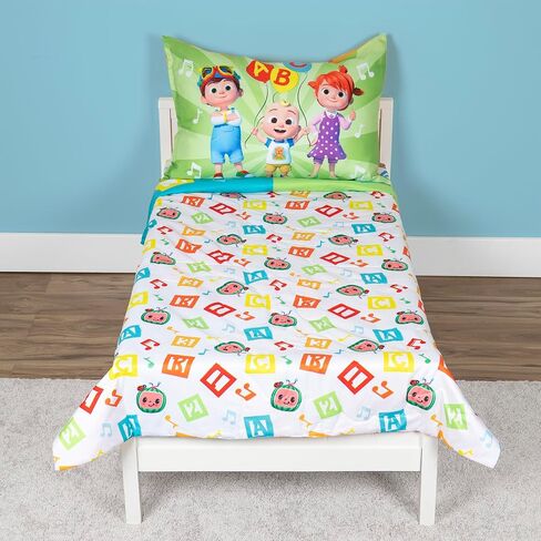 CoComelon Learning is Fun 4 Piece Toddler Bedding Set – Includes Comforter, Sheet Set – Fitted + Top Sheet + Reversible Pillowcase for Boys and Girls Bed, Letters and Music Design, Orange in Kuwait