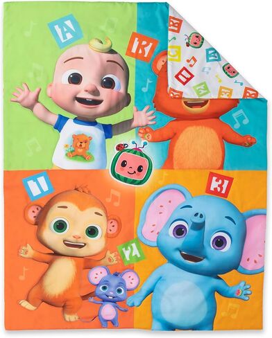 CoComelon Learning is Fun 4 Piece Toddler Bedding Set – Includes Comforter, Sheet Set – Fitted + Top Sheet + Reversible Pillowcase for Boys and Girls Bed, Letters and Music Design, Orange in Kuwait