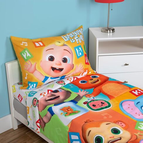CoComelon Learning is Fun 4 Piece Toddler Bedding Set – Includes Comforter, Sheet Set – Fitted + Top Sheet + Reversible Pillowcase for Boys and Girls Bed, Letters and Music Design, Orange in Kuwait