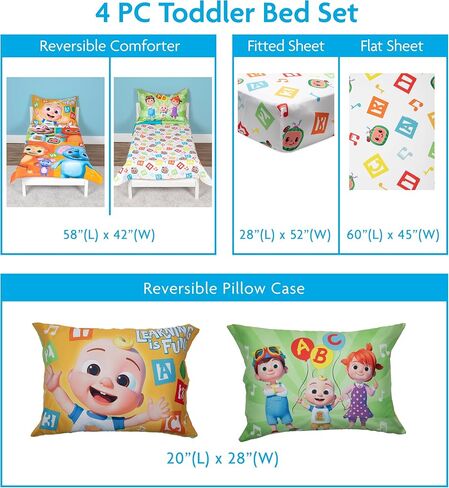 CoComelon Learning is Fun 4 Piece Toddler Bedding Set – Includes Comforter, Sheet Set – Fitted + Top Sheet + Reversible Pillowcase for Boys and Girls Bed, Letters and Music Design, Orange in Kuwait