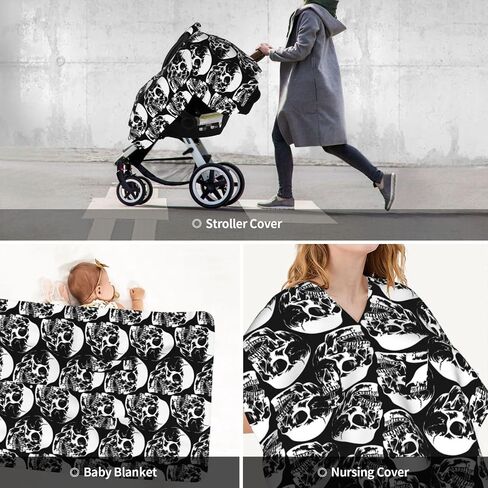 Black Skull Head Baby Car Seat Cover & Breastfeeding Nursing Cover - Breathable Stretch Fabric Multi-Use Nursing Cover for Breastfeeding in Kuwait