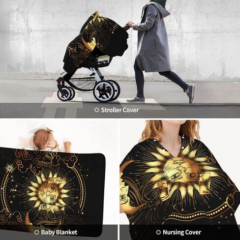 Sun Crescent Moon Stars Astrology Tarot Cards Baby Car Seat Cover & Breastfeeding Nursing Cover - Breathable Stretch Fabric Multi-Use Nursing Cover for Breastfeeding in Kuwait