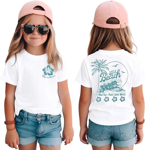 GLIGLITTR Toddler Girl Summer Vacation Shirt Life is A Beach Make Some Waves Funny Tshirt Kid Hawaiian Tropical Trip Top 2-8Y in Kuwait