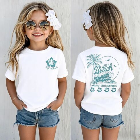 GLIGLITTR Toddler Girl Summer Vacation Shirt Life is A Beach Make Some Waves Funny Tshirt Kid Hawaiian Tropical Trip Top 2-8Y in Kuwait