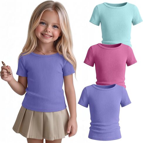 Halfchet 3 Pack Toddler Girls Ribbed Shirts Short Sleeve Cotton Boat Neck Tops Baby Slim Fit Tees for 18M-5T Back to School in Kuwait