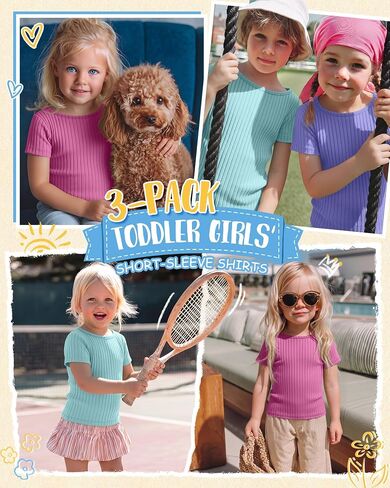 Halfchet 3 Pack Toddler Girls Ribbed Shirts Short Sleeve Cotton Boat Neck Tops Baby Slim Fit Tees for 18M-5T Back to School in Kuwait