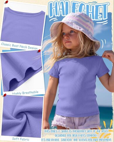 Halfchet 3 Pack Toddler Girls Ribbed Shirts Short Sleeve Cotton Boat Neck Tops Baby Slim Fit Tees for 18M-5T Back to School in Kuwait