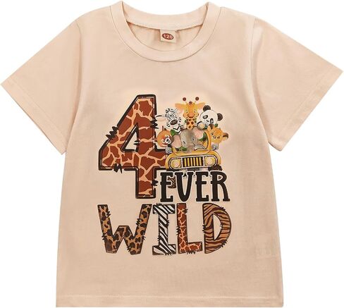 Birthday Boy Girl T-Shirt Wild One Safari Jungle Zoo Animal Print Infant Baby Fourth Birthday Tee 100% Cotton Beige in Kuwait