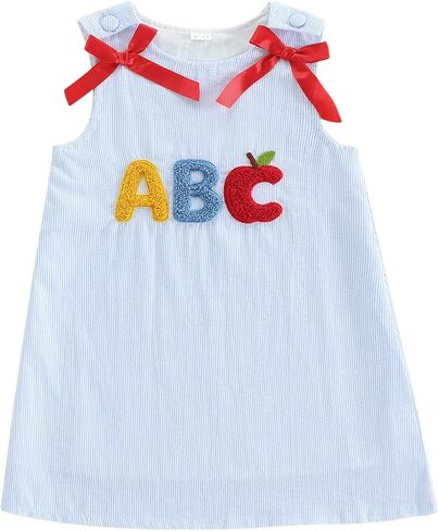 Baby Girl Back to School Outfit Toddler Summer Tank Dress Clothes | Little Girls Sleeveless Round Neck Letter Embroidery Striped A-line Dresses Kids Spring Outfits Paired Two Bows in Kuwait